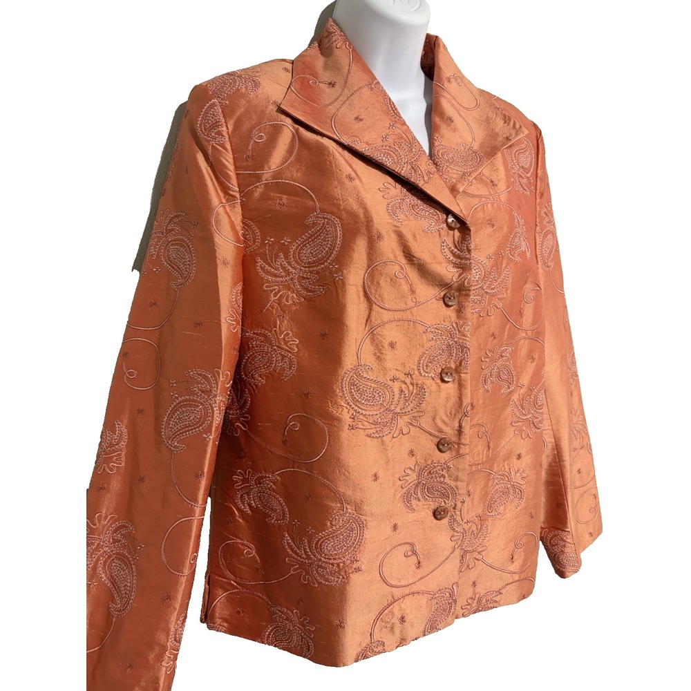 Vtg Norm Thompson 100% Silk Jacket~ M~Coral Orange Paisley Embroidered Boho Luxe